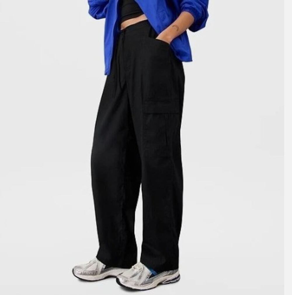 Athleta Paradise Straight Leg Cargo Pant Linen Baggy Black Sz L Runs Big EUC